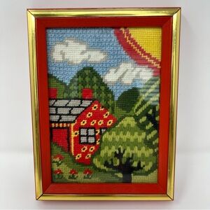 Framed Cottage House Needlepoint Barn Trees Wall Hanging Decor Cottegecore Red